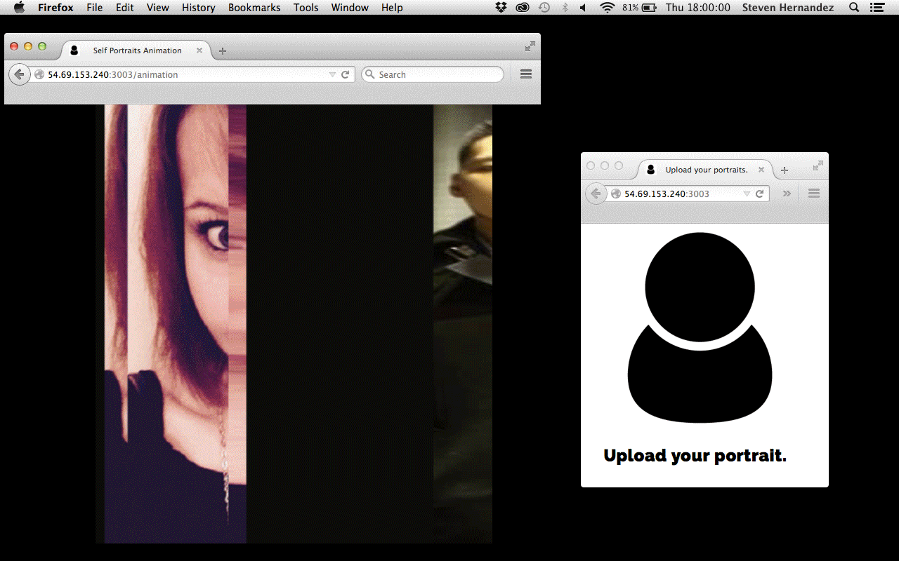 Desktop displaying self portraits animation to the left along with the upload page to the right.